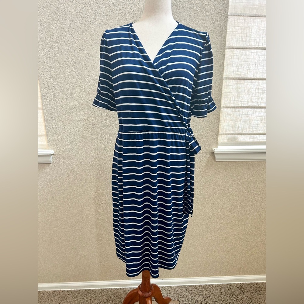 Reborn Navy and White Striped Faux Wrap Midi Dress XL
